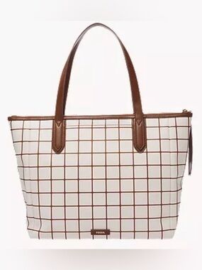 Fossil Cream Tote with Brown Grid and Leather Handles
